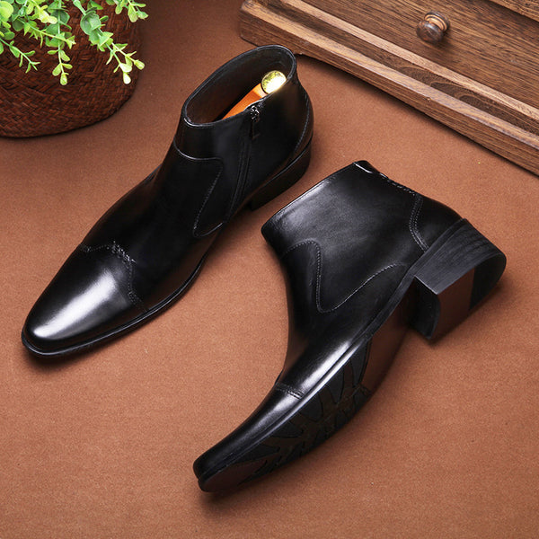 Premium Korean Style Men's Leather Martin Boots - Waterproof Cowhide Mid-Calf Boots