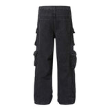 Vintage Washed Multi-Pocket Industrial Cargo Jeans for Men