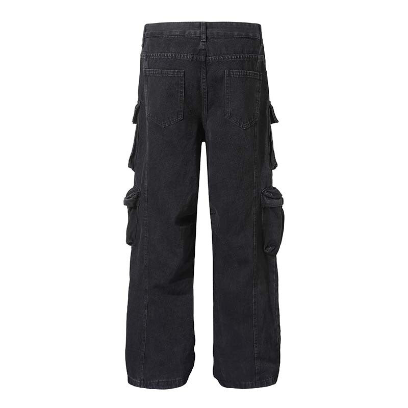 Vintage Washed Multi-Pocket Industrial Cargo Jeans for Men