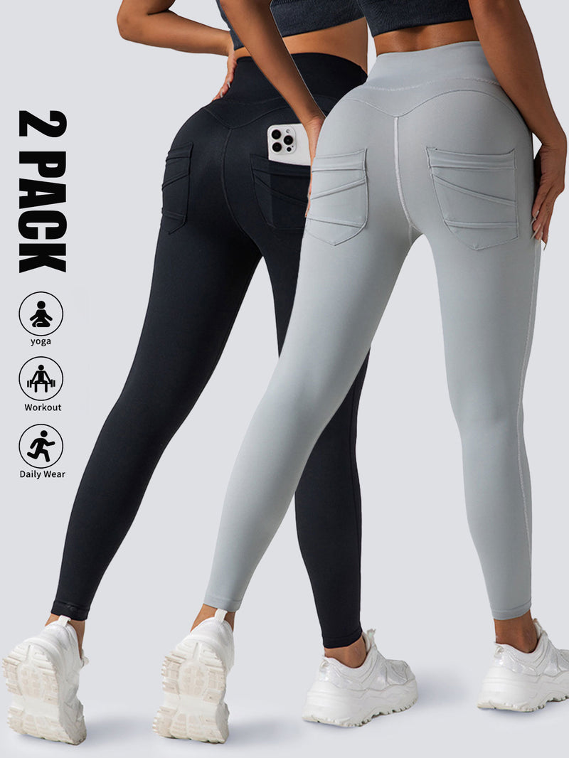 Premium High-Waisted Athletic Leggings with Side Pockets - 2 Pack Set