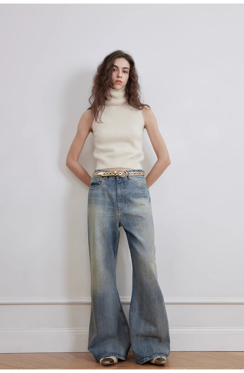 Modern Washed  Wrinkled Jeans Women's Spacious Straight Wide Leg Pants