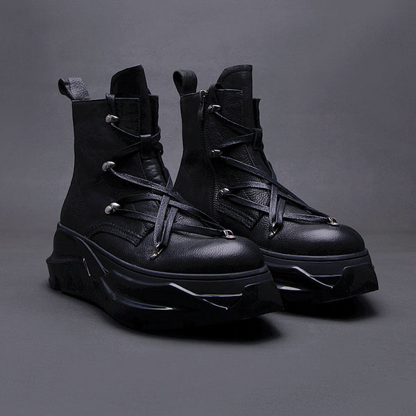 Rugged Leather Martin Boots - Winter Motorcycle Boots with Side Zipper & Thick Sole