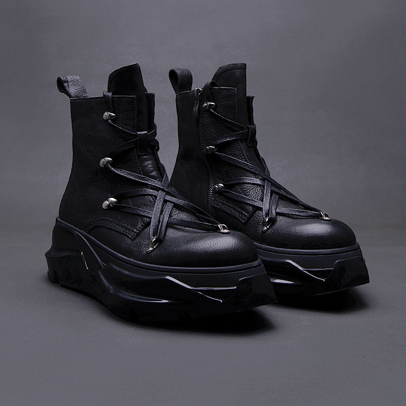 Rugged Leather Martin Boots - Winter Motorcycle Boots with Side Zipper & Thick Sole