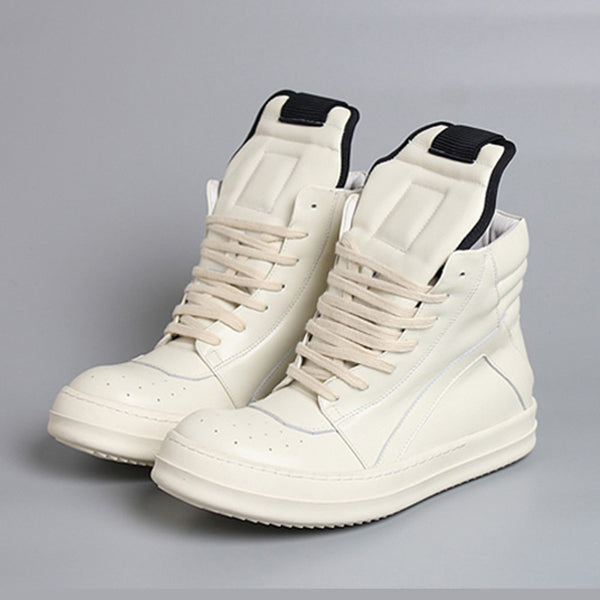 Premium Genuine Leather High-Top Unisex Sneakers - Classic Black & White Design