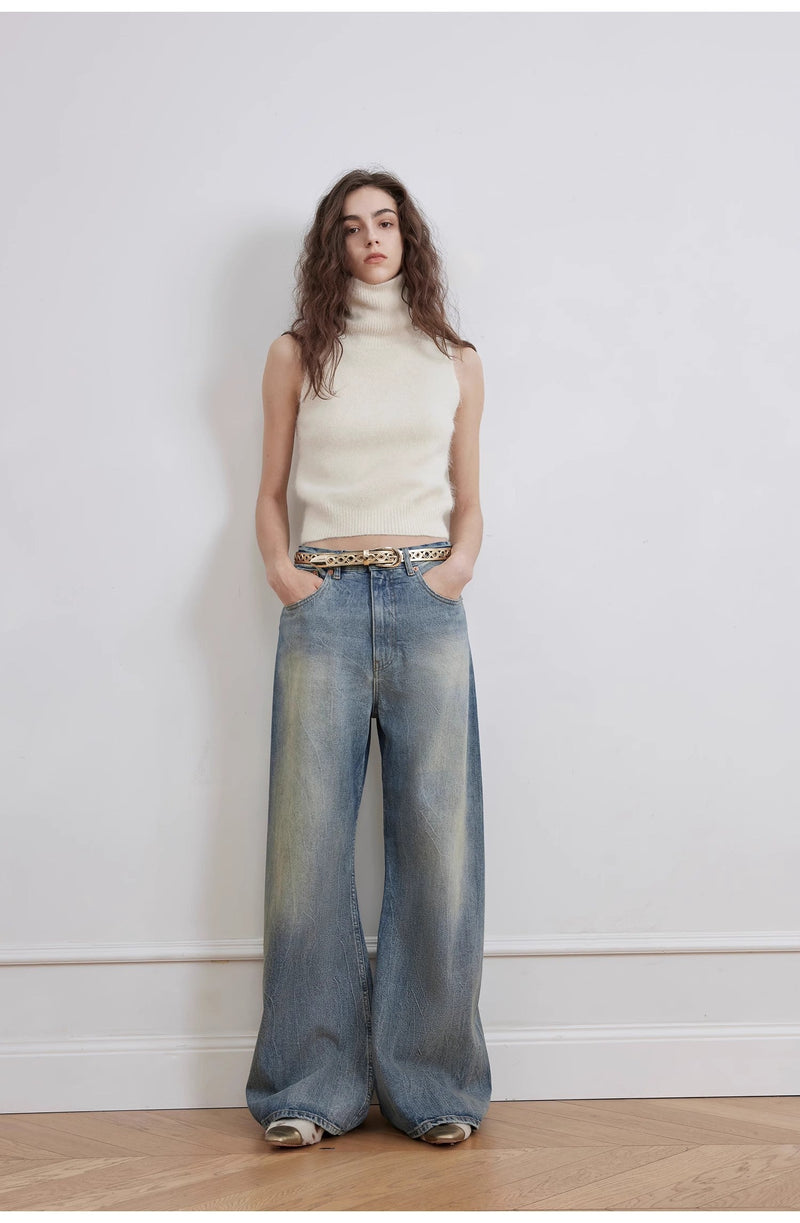 Modern Washed  Wrinkled Jeans Women's Spacious Straight Wide Leg Pants