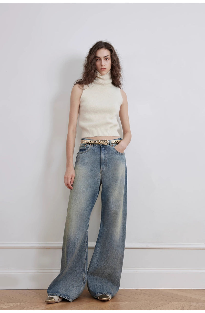 Modern Washed  Wrinkled Jeans Women's Spacious Straight Wide Leg Pants