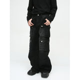 Retro Multi-Pocket Wide Leg Cargo Jeans - Korean Style Men's Tooling Pants