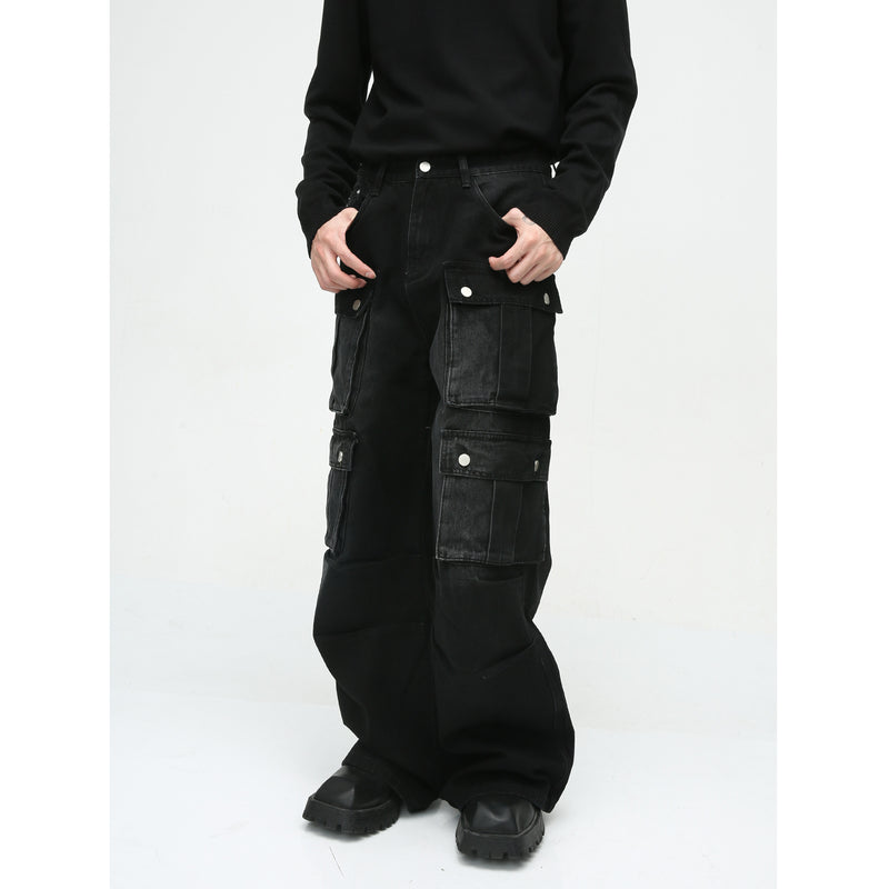 Retro Multi-Pocket Wide Leg Cargo Jeans - Korean Style Men's Tooling Pants
