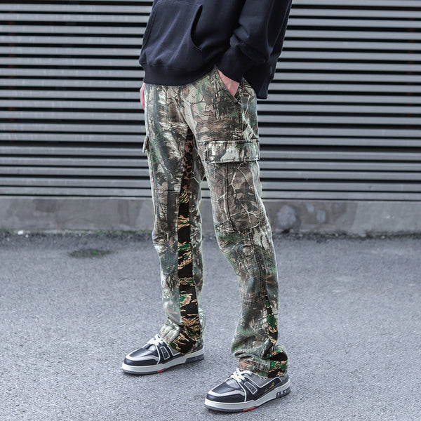 Military-Inspired Leaf Camo Flared Overalls - Men's Tactical Workwear