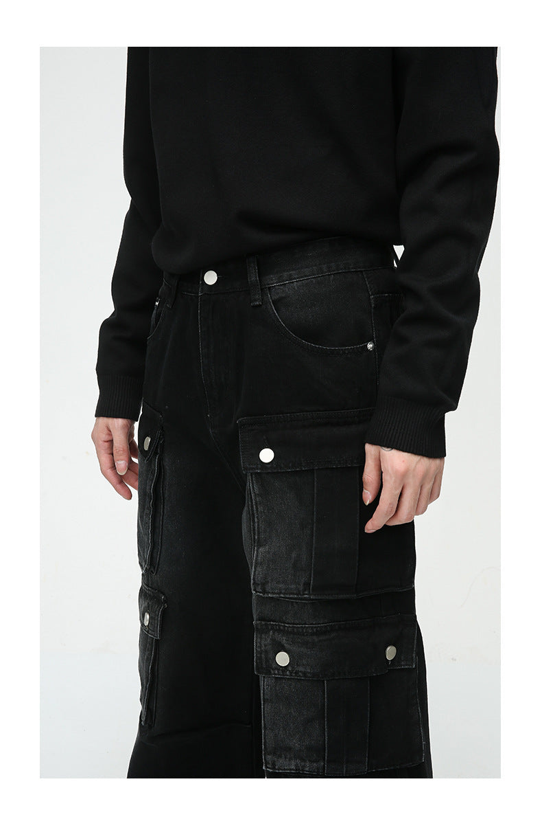 Retro Multi-Pocket Wide Leg Cargo Jeans - Korean Style Men's Tooling Pants