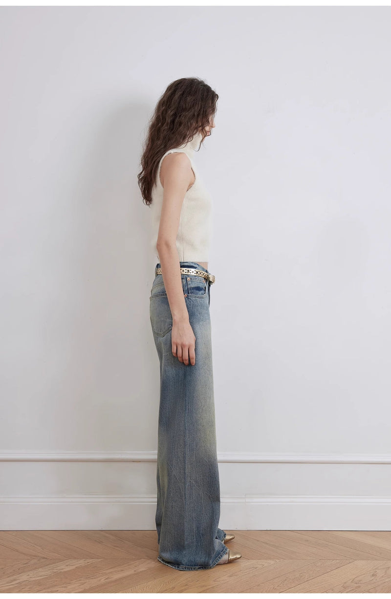 Modern Washed  Wrinkled Jeans Women's Spacious Straight Wide Leg Pants
