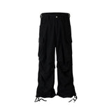 Men's Multi-Pocket Cargo Pants - Loose Wide Leg Denim Trousers with Side Zipper