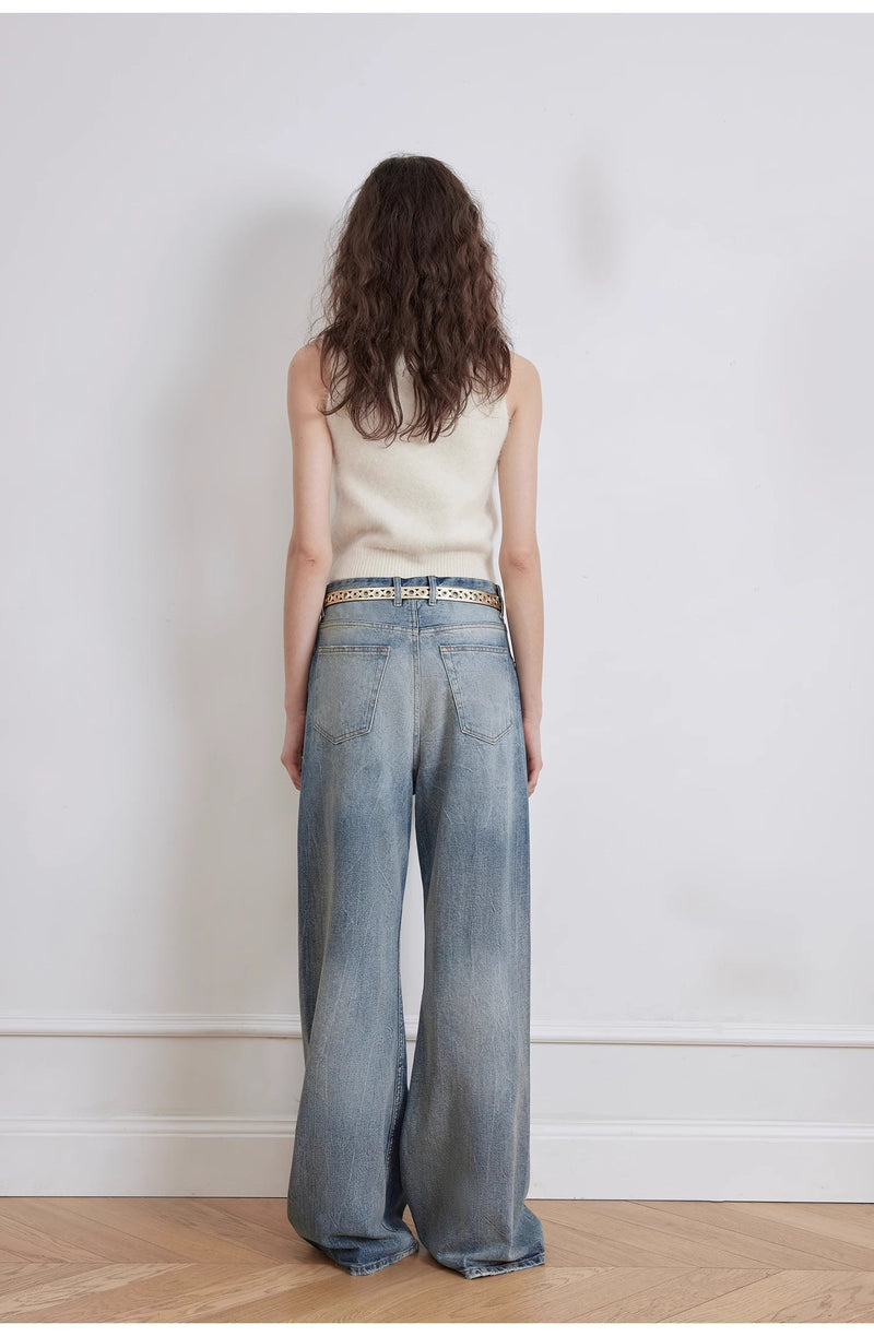 Modern Washed  Wrinkled Jeans Women's Spacious Straight Wide Leg Pants