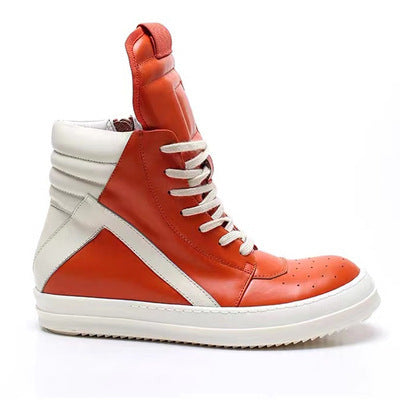 Premium Genuine Leather High-Top Unisex Sneakers - Classic Black & White Design
