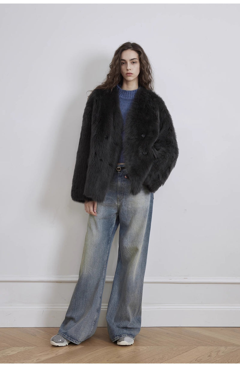 Modern Washed  Wrinkled Jeans Women's Spacious Straight Wide Leg Pants