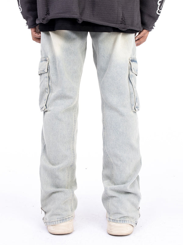 Vintage Washed Denim Jeans with Zipper Hem Detail - Men's Casual Pants