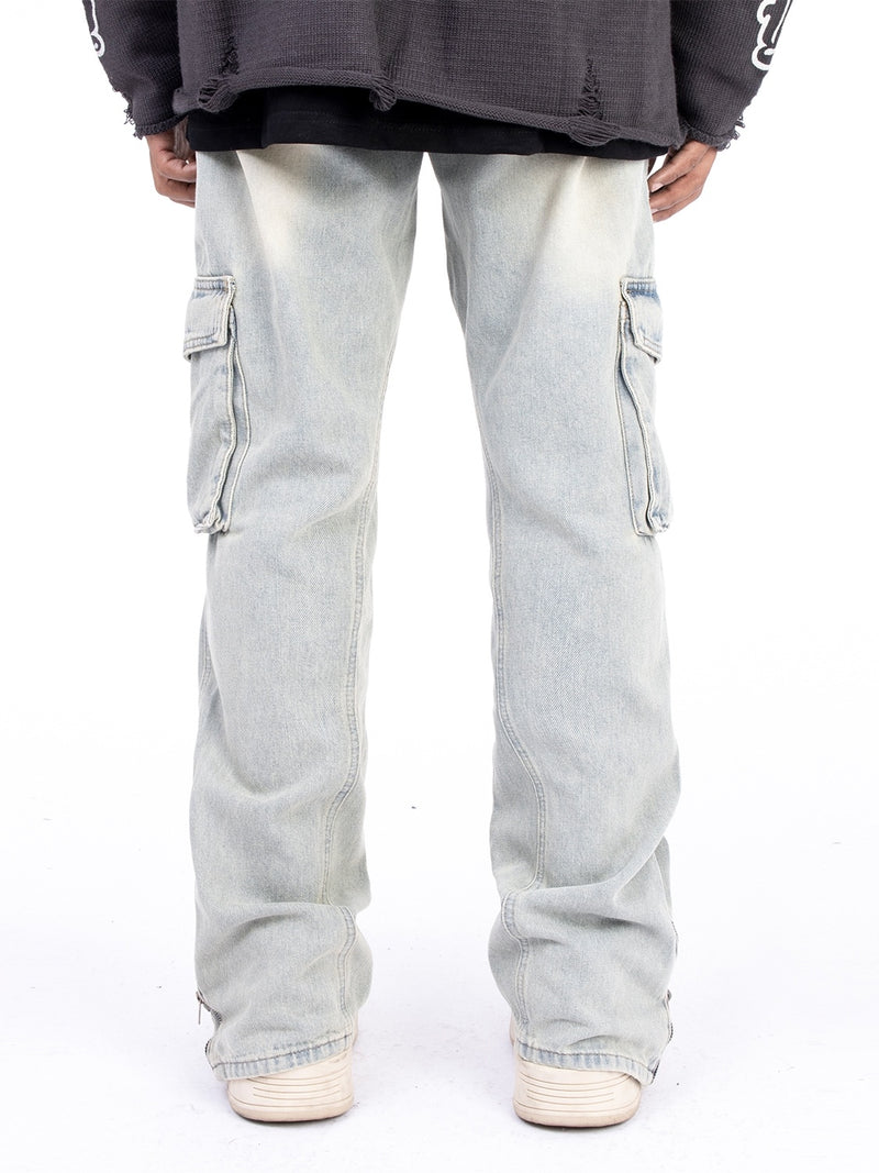 Vintage Washed Denim Jeans with Zipper Hem Detail - Men's Casual Pants