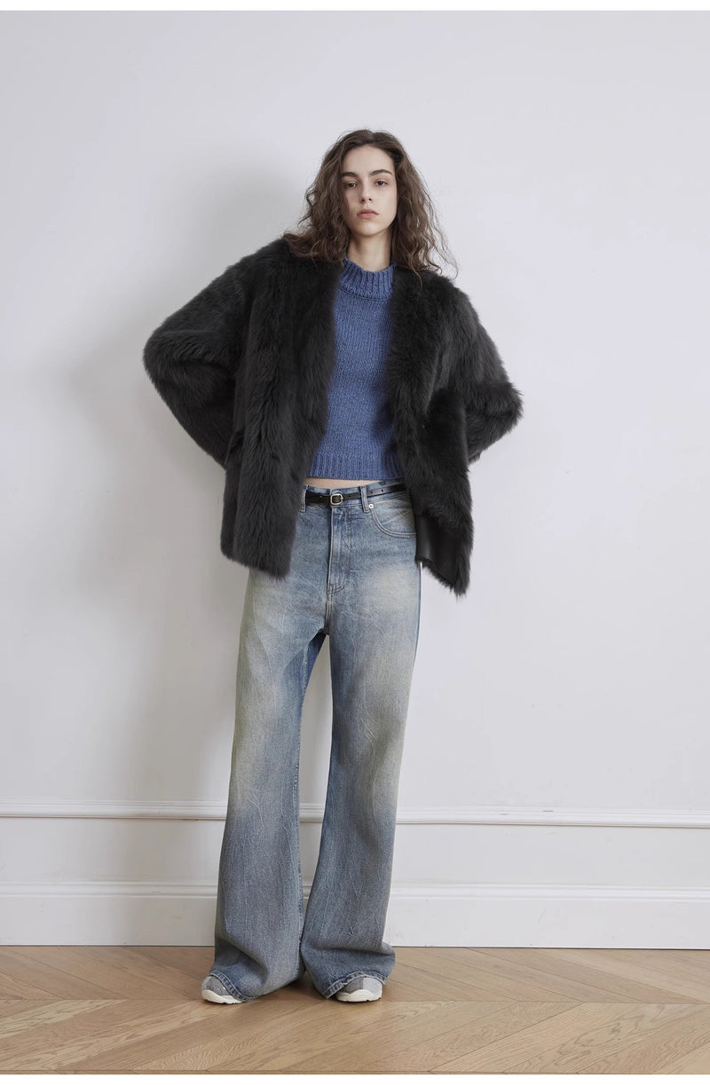 Modern Washed  Wrinkled Jeans Women's Spacious Straight Wide Leg Pants