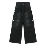 Retro Multi-Pocket Wide Leg Cargo Jeans - Korean Style Men's Tooling Pants