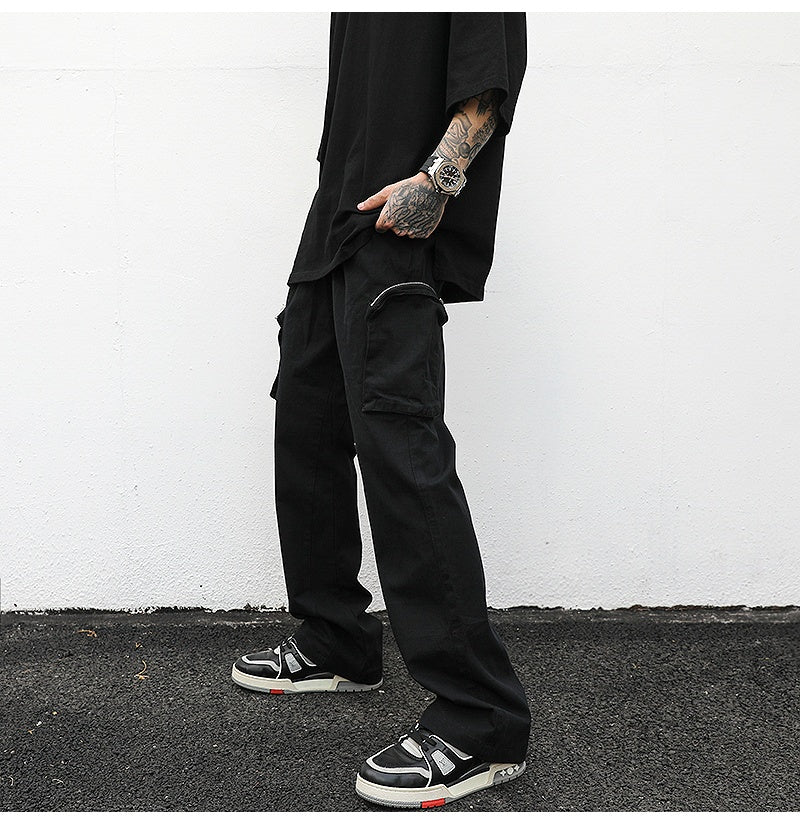 Stylish Black Wide-Leg Cargo Overalls with Multiple Pockets