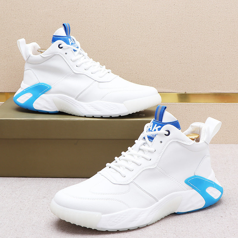 Men's Premium White & Blue High-Top Sneakers - Color Block Design Casual Shoes