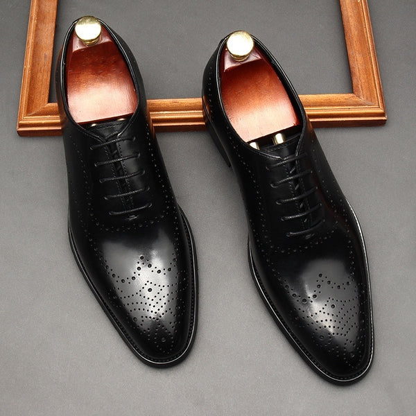 Premium British Leather Oxford Shoes - Men's Pointed Toe Business Formal Lace-Up Dress Shoes