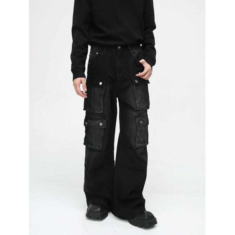 Retro Multi-Pocket Wide Leg Cargo Jeans - Korean Style Men's Tooling Pants