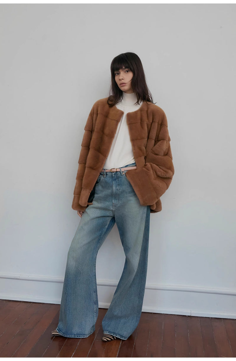 Modern Washed  Wrinkled Jeans Women's Spacious Straight Wide Leg Pants