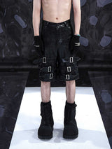 Stylish Black PU Leather Shorts - Men's Casual Cropped Pants with Ring Detail