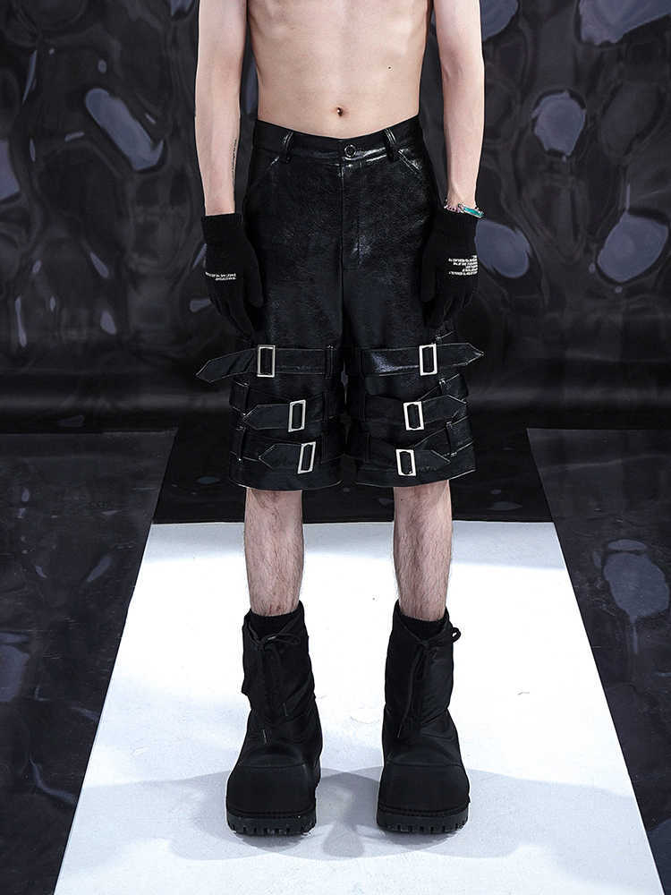 Stylish Black PU Leather Shorts - Men's Casual Cropped Pants with Ring Detail