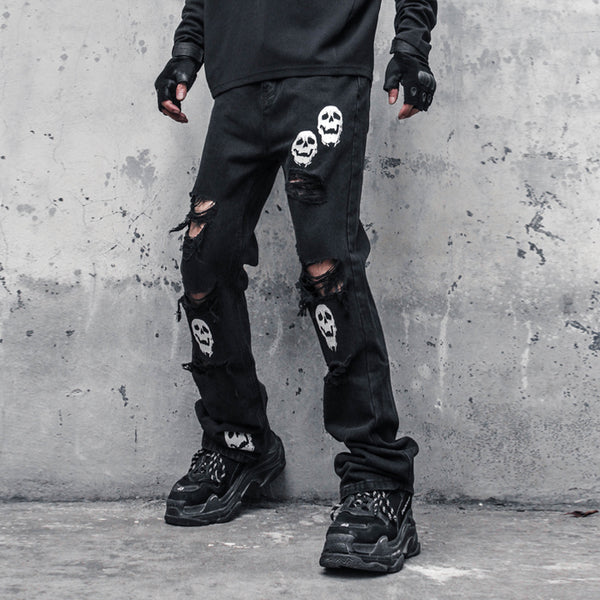 Rebellious Skull Crossbones Distressed Denim - Men's Statement Jeans