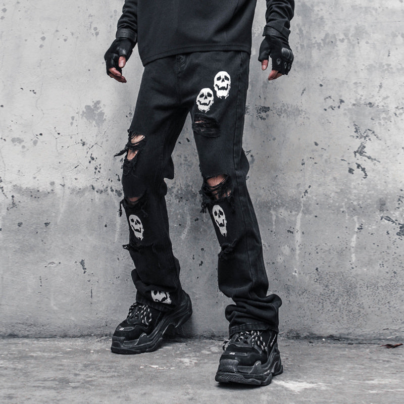 Rebellious Skull Crossbones Distressed Denim - Men's Statement Jeans