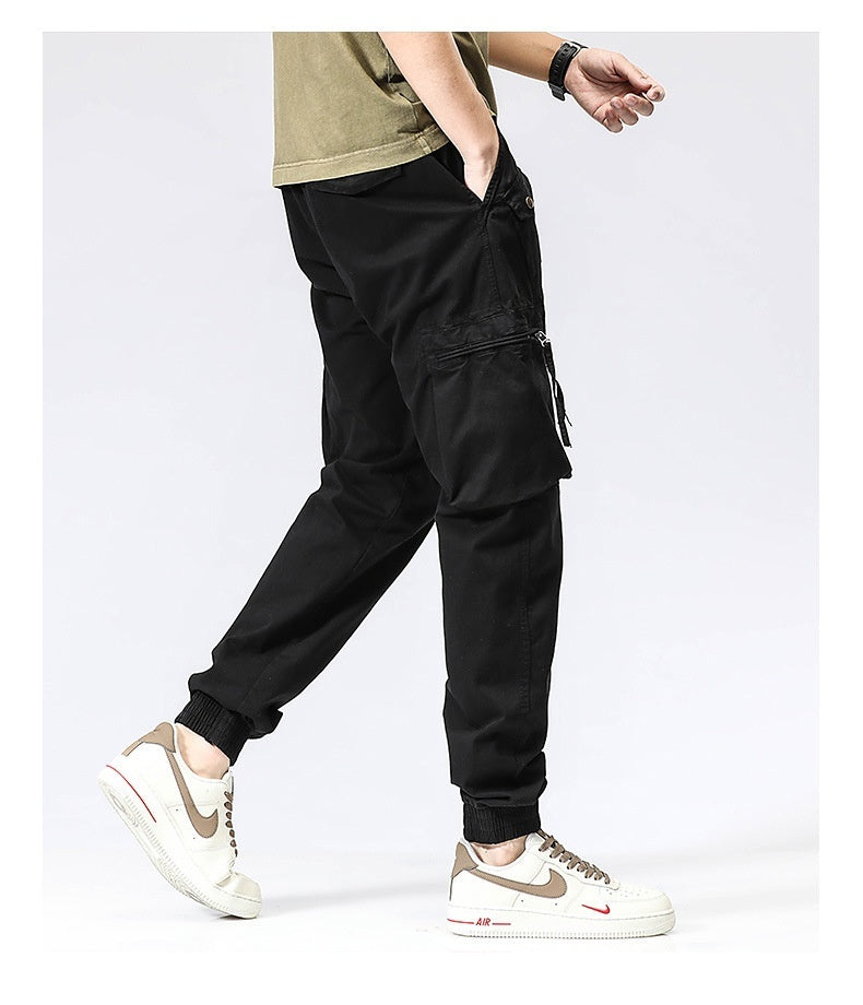 Men's Multi-Pocket Cotton Work Pants - Elastic Waist Casual Cargo Trousers