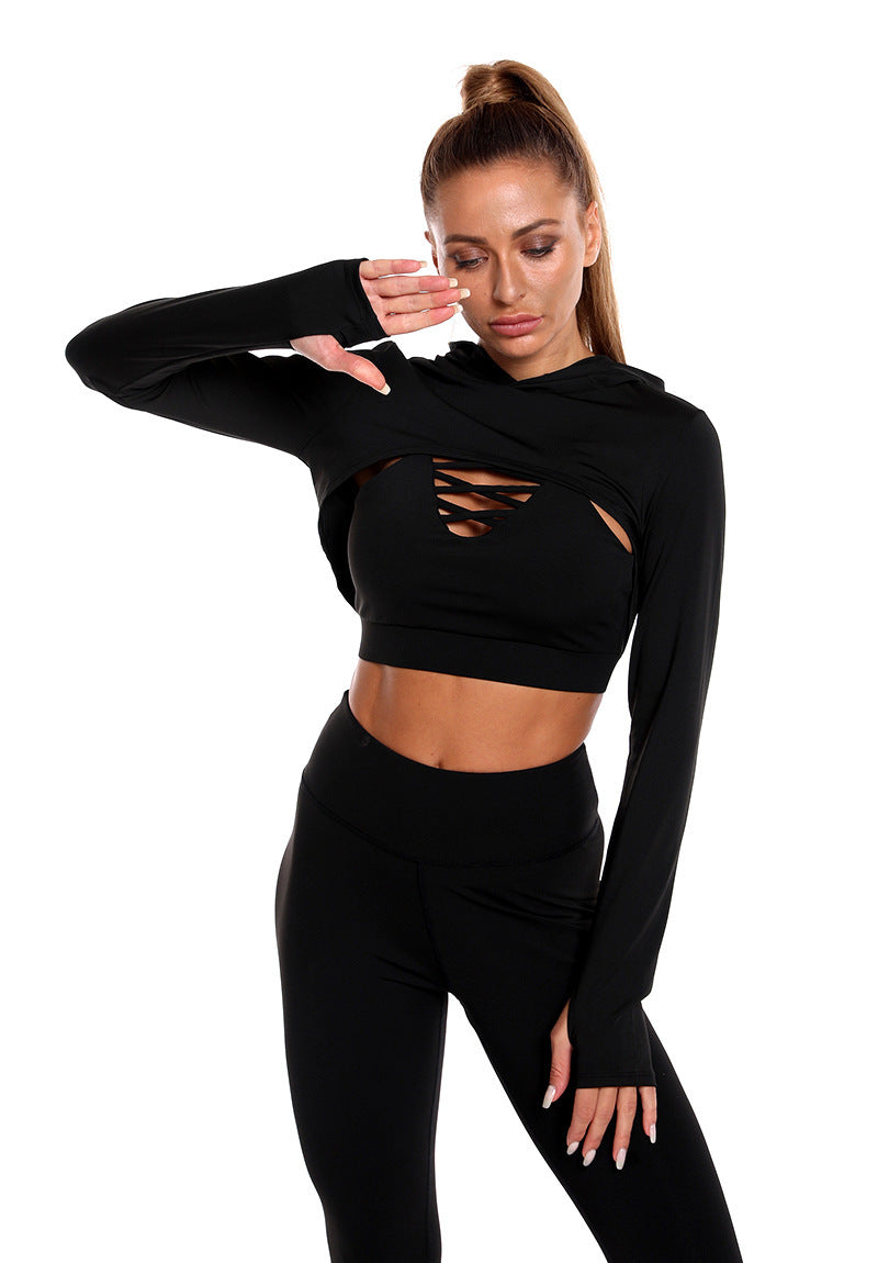 Premium 3-Piece Athletic Wear Set - Hooded Top, Hollow Design Camisole & High-Waist Seamless Leggings