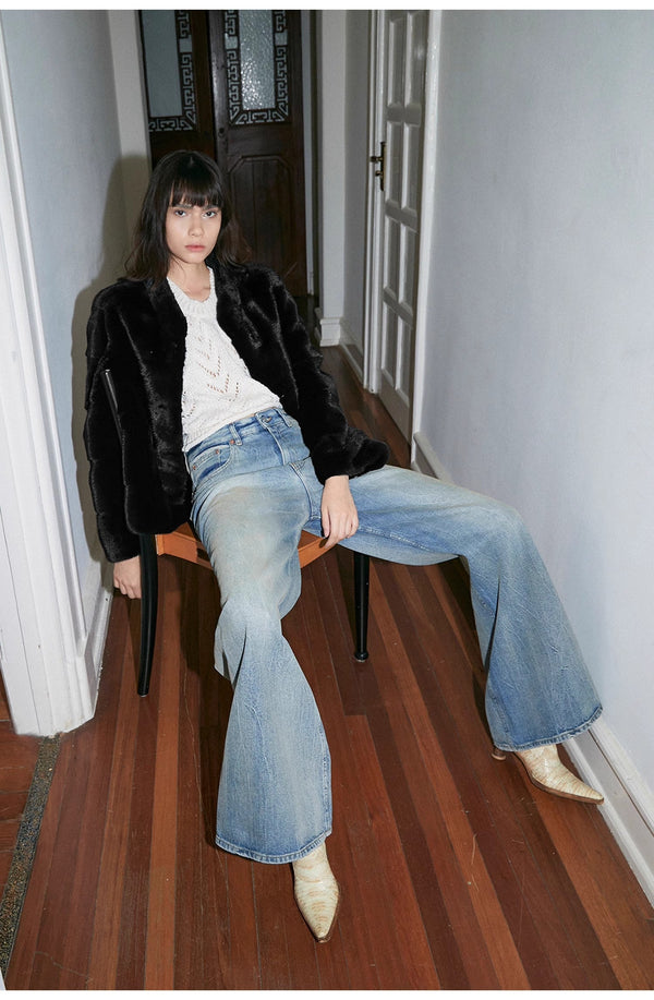 Modern Washed  Wrinkled Jeans Women's Spacious Straight Wide Leg Pants