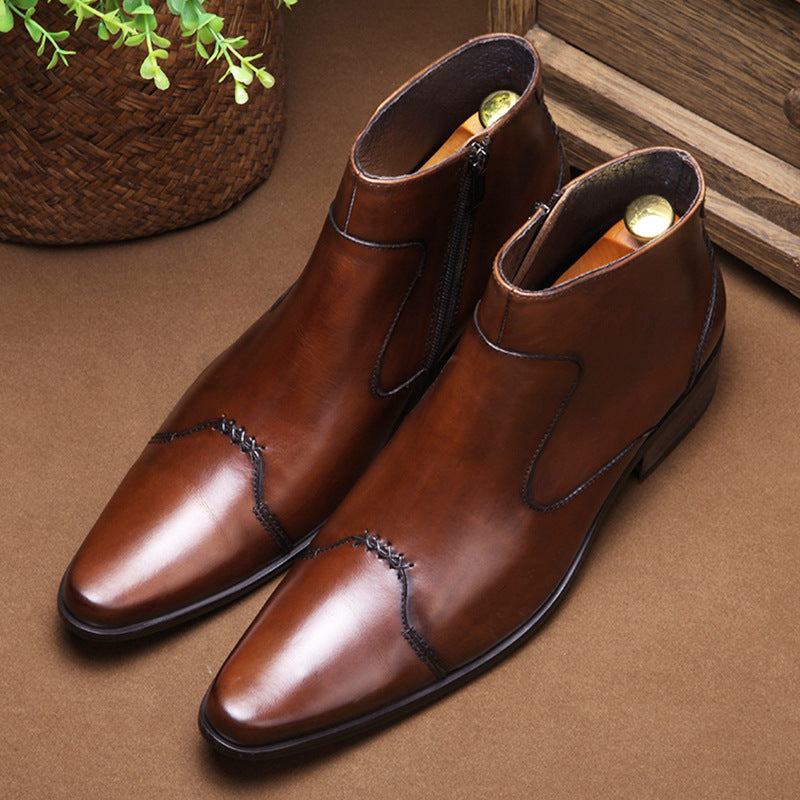 Premium Korean Style Men's Leather Martin Boots - Waterproof Cowhide Mid-Calf Boots