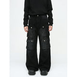 Retro Multi-Pocket Wide Leg Cargo Jeans - Korean Style Men's Tooling Pants
