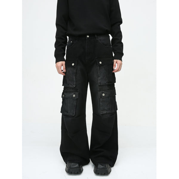 Retro Multi-Pocket Wide Leg Cargo Jeans - Korean Style Men's Tooling Pants