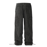 Men's Cotton Cargo Overalls - Pleated Drawstring Straight Leg Pants