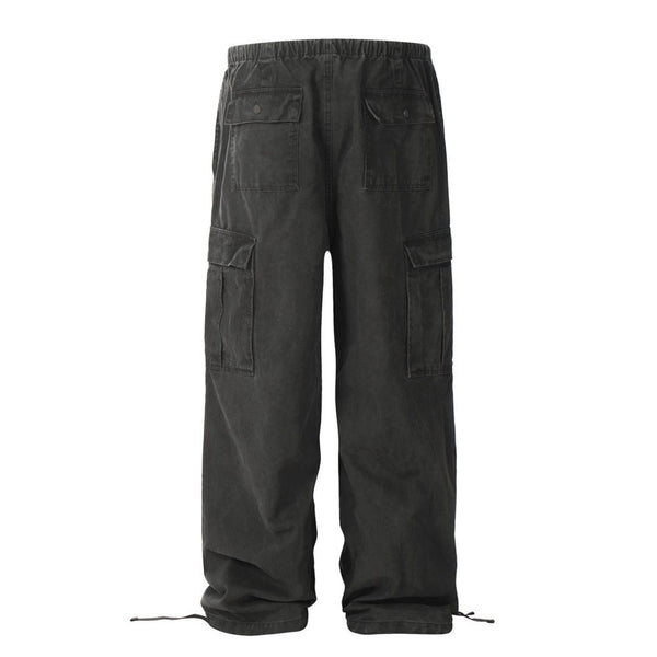 Men's Cotton Cargo Overalls - Pleated Drawstring Straight Leg Pants