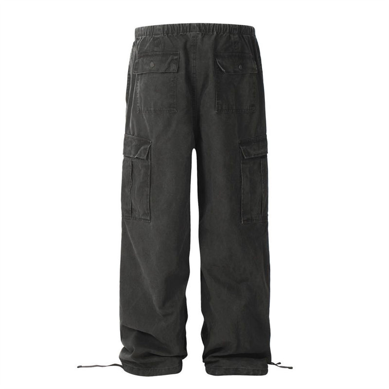 Men's Cotton Cargo Overalls - Pleated Drawstring Straight Leg Pants