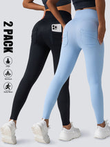 Premium High-Waisted Athletic Leggings with Side Pockets - 2 Pack Set