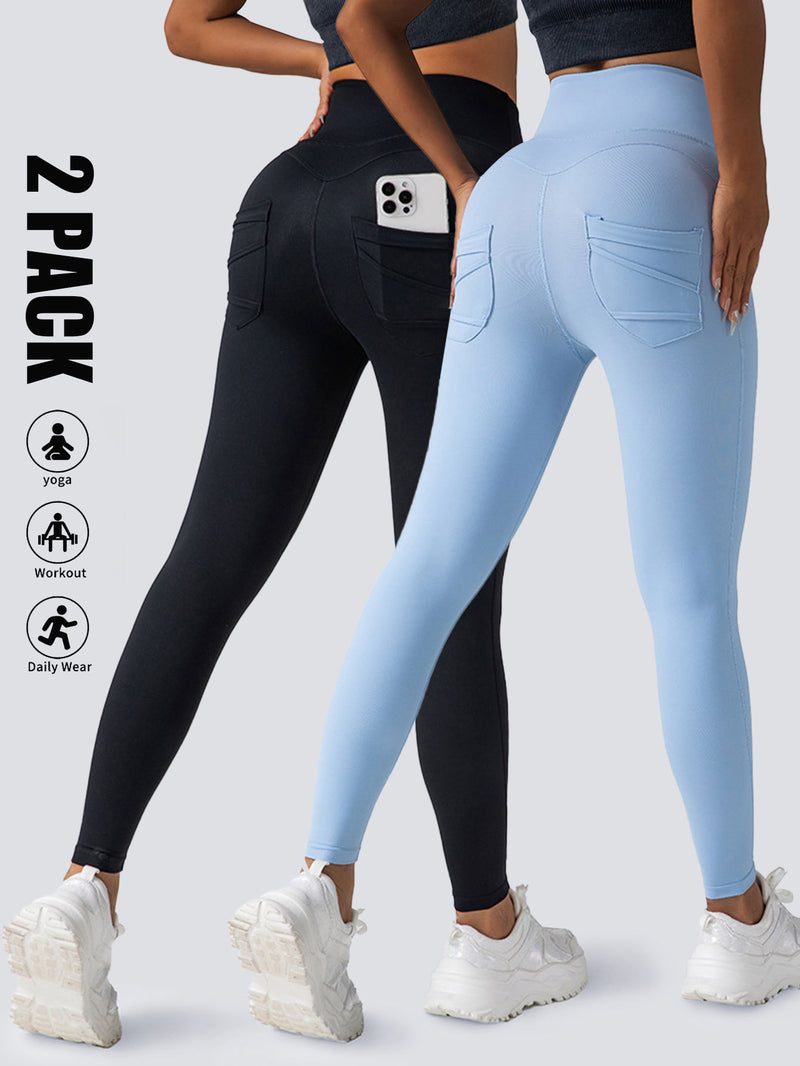 Premium High-Waisted Athletic Leggings with Side Pockets - 2 Pack Set
