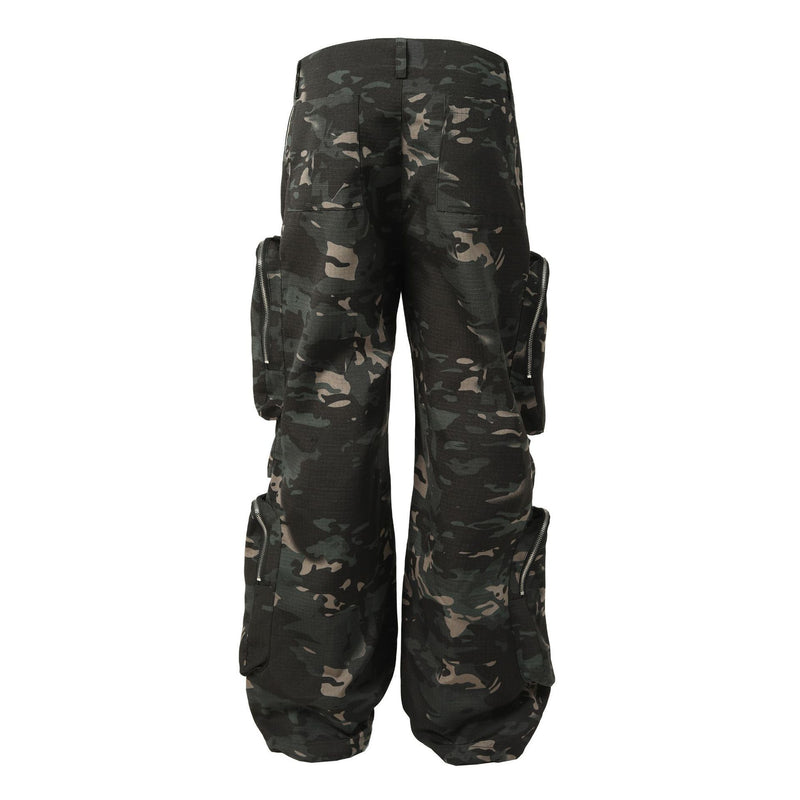 Military-Inspired Jungle Camouflage Cargo Pants - Multi-Pocket Wide Leg Workwear