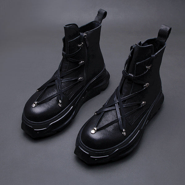 Rugged Leather Martin Boots - Winter Motorcycle Boots with Side Zipper & Thick Sole