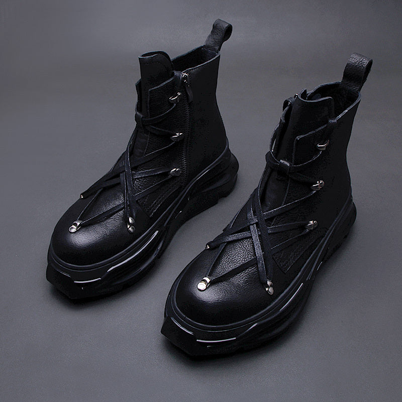Rugged Leather Martin Boots - Winter Motorcycle Boots with Side Zipper & Thick Sole