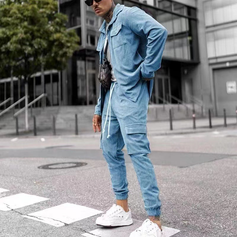 Casual Cotton Blend Sports Suit Set - Men's Long Sleeve Jacket & Trousers