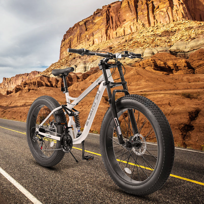 A26309 26 Inch Mountain Bike,Full-Suspension 21 Speeds Drivetrain With Disc-Brake Bicycle, Fat Tire Bike For Men