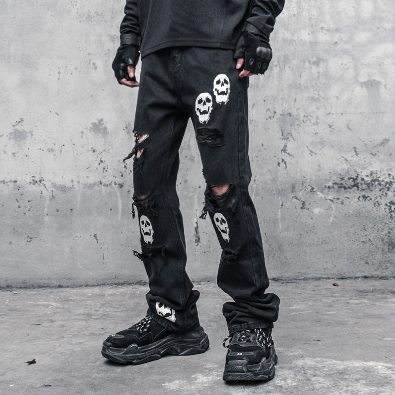 Rebellious Skull Crossbones Distressed Denim - Men's Statement Jeans