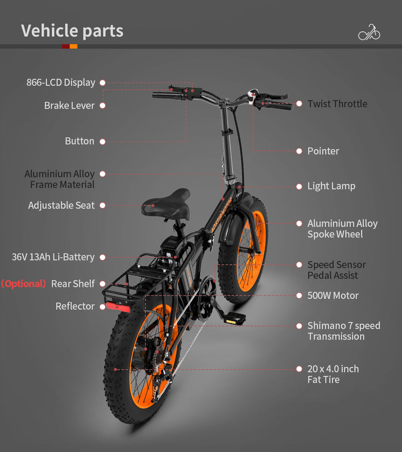 Foldable Electric Fat Tire Bike - 36V 500W Motor, 20x4.0 Wheels, 13AH Battery, LCD Display